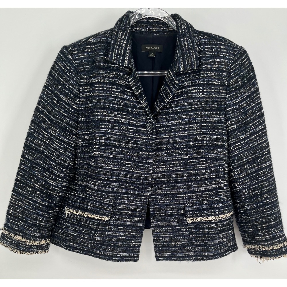 ANN TAYLOR Tweed Blazer Women 12 Navy Blue Fringed Trim Professional Pockets
